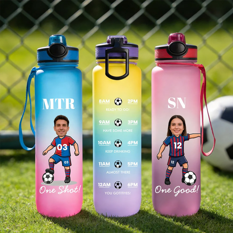Personalized Cartoon Soccer Character Face Photo 32 oz Water Bottle with Name and Number Birthday Gift for Soccer Fans Lovers