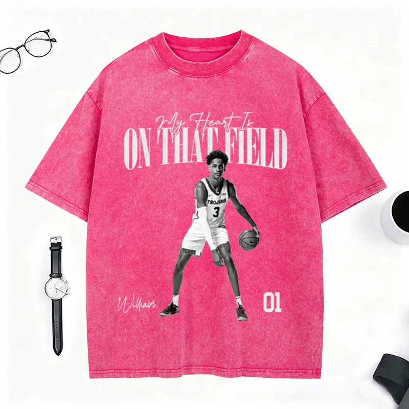Personalized "My Heart Is on That Field" Washed T-Shirt with Custom Basketball Player Photo and Detail For Sport Fans