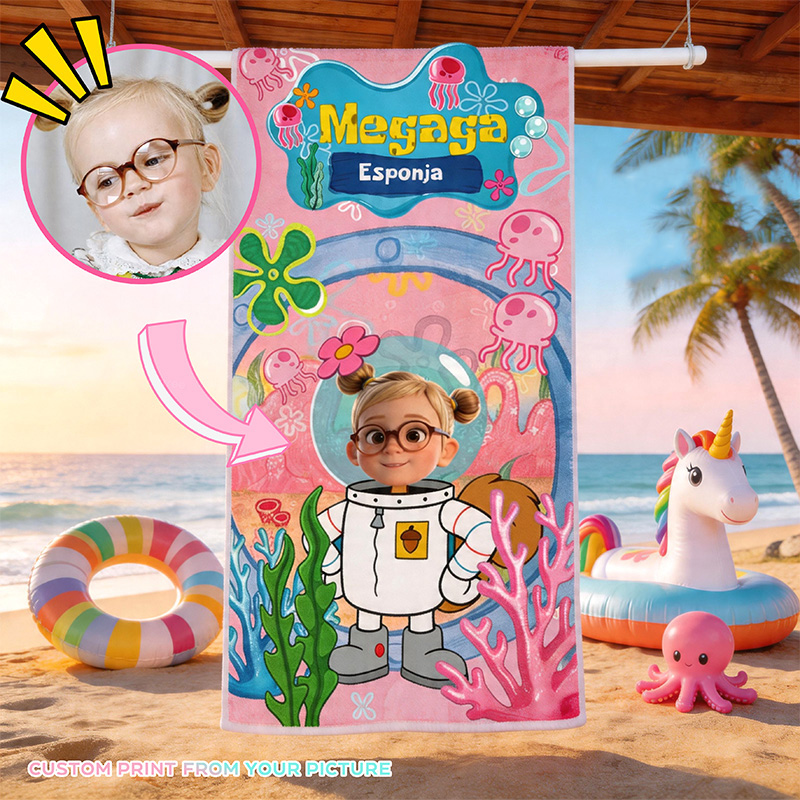 Personalized Kids Beach Towel Custom Name Photo Towel Cute Ocean Theme Swim Pool Gift For Girls Boys