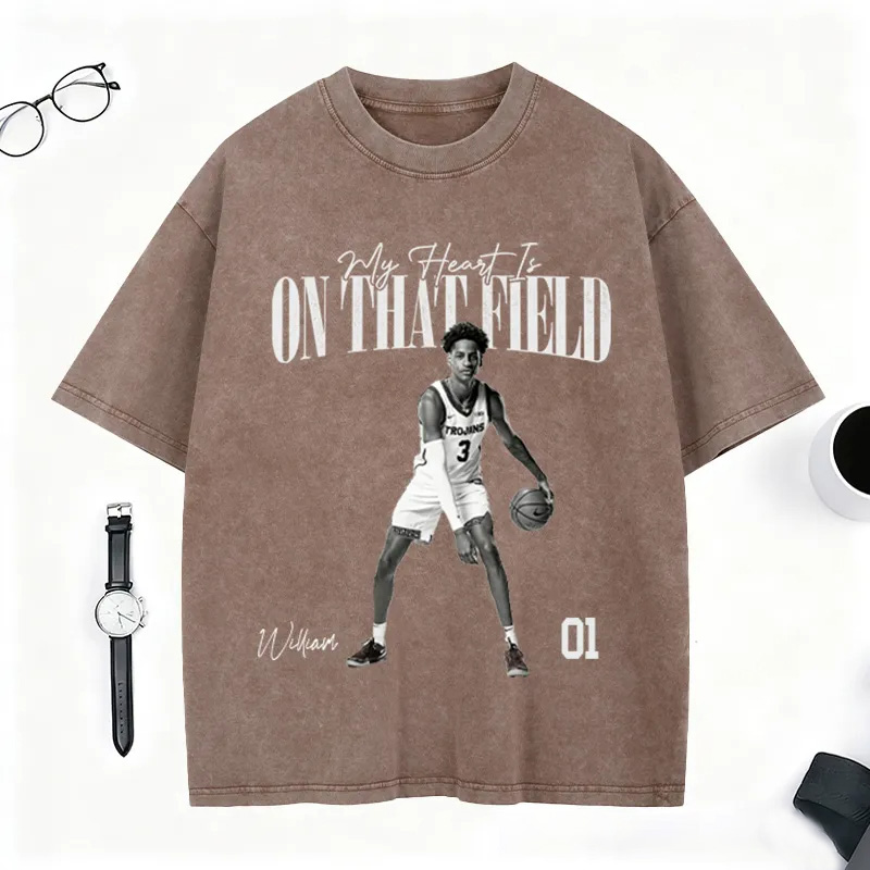 Personalized "My Heart Is on That Field" Washed T-Shirt with Custom Basketball Player Photo and Detail For Sport Fans