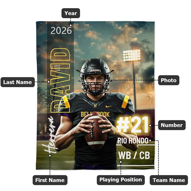 Personalized Football Blanket with Custom Name, Number, Team, and Photo Design