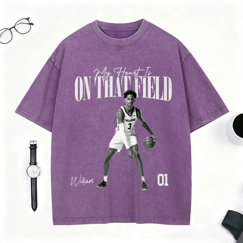 Personalized "My Heart Is on That Field" Washed T-Shirt with Custom Basketball Player Photo and Detail For Sport Fans