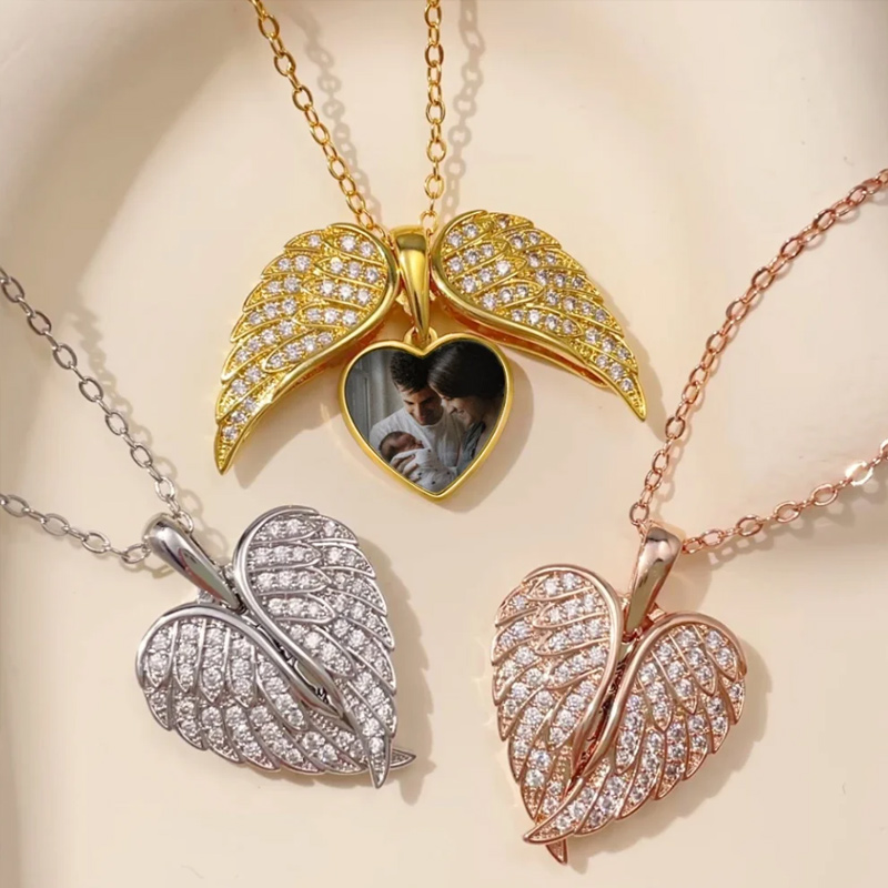Personalized Cubic Zircon Heart Shape Angel Wing Photo Necklace Anniversary Birthday Gift for Her