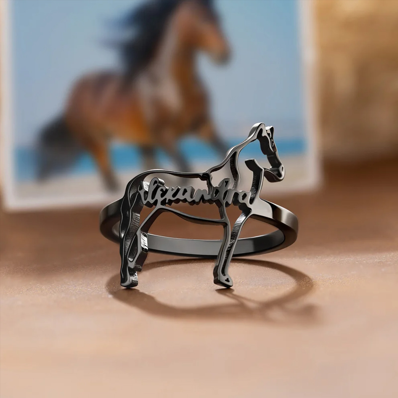 Personalized Horse Silhouette Ring with Name Dainty Jewelry Birthday Anniversary Gift for Horse Lovers Equestrians