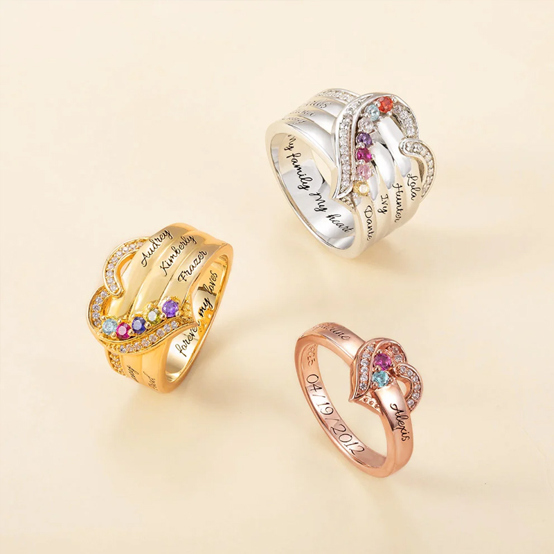 Personalized 1-8 Birthstones Heart Family Ring Where Hearts Meet Love Gleams In Every Stone