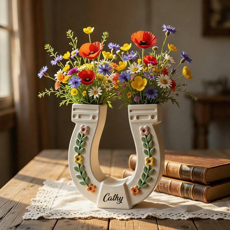 Personalized Horseshoe Vase 3D Printed Western Cowgirl Desk Planter Custom Name Gift for Equestrian Enthusiasts