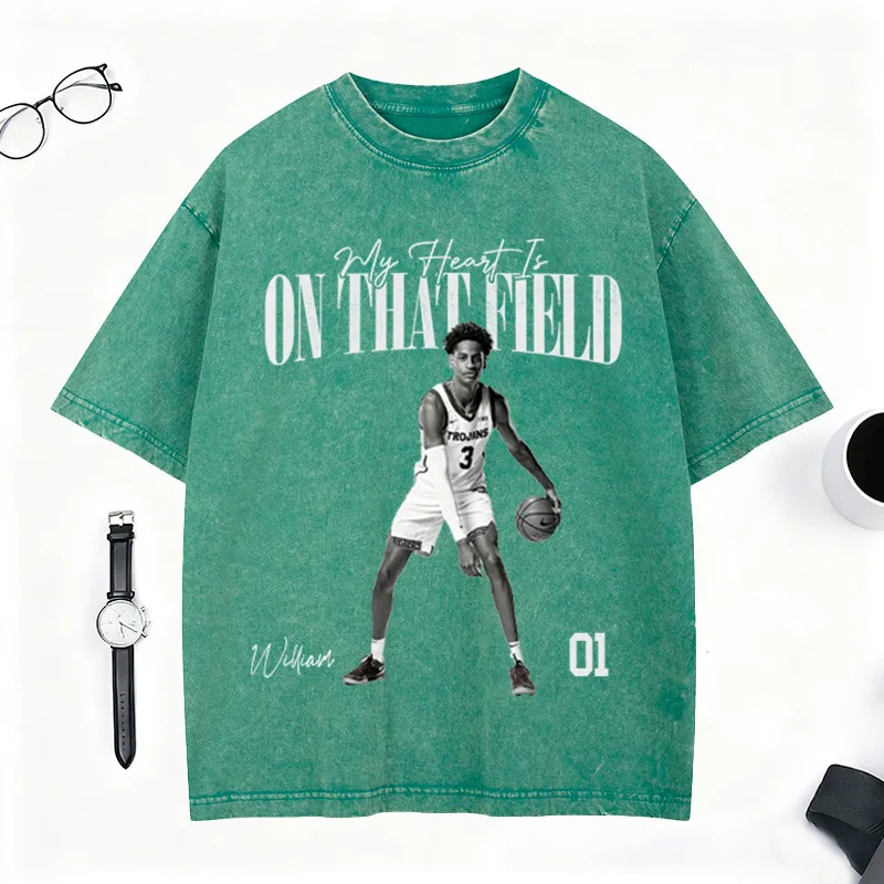 Personalized "My Heart Is on That Field" Washed T-Shirt with Custom Basketball Player Photo and Detail For Sport Fans