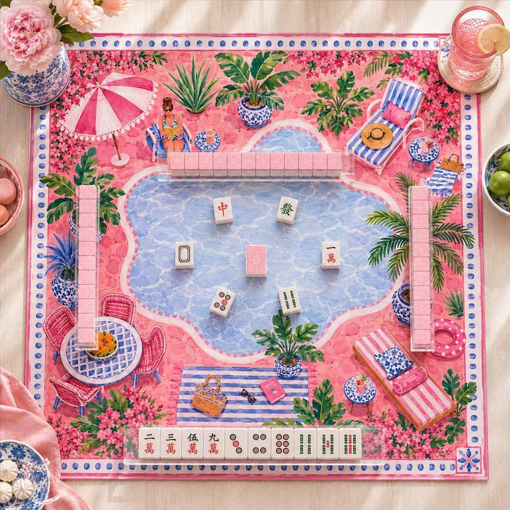 Palm Beach Poolside Mahjong Mat American Mahjong Mat Pink Resort Cabana Garden Tropical Chinoiserie Mahjong Gift