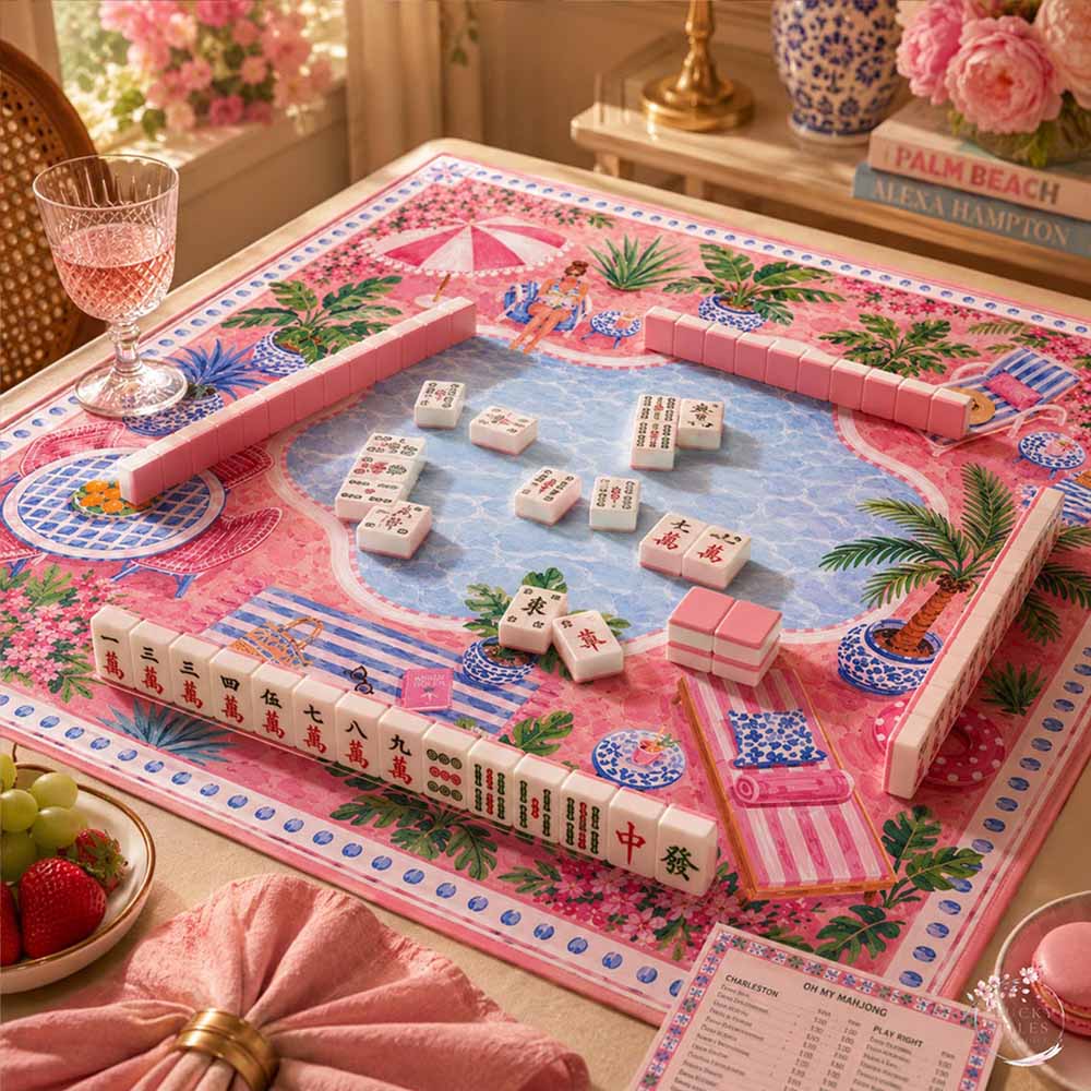 Palm Beach Poolside Mahjong Mat American Mahjong Mat Pink Resort Cabana Garden Tropical Chinoiserie Mahjong Gift
