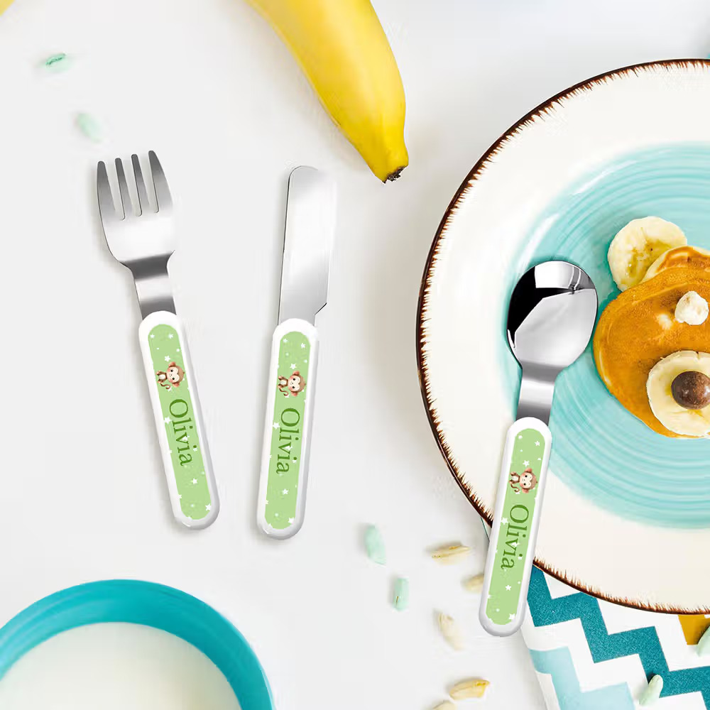 Personalized Cartoon Animal Safe Stainless Steel Kid’s Fork Spoon Knife 3 Pcs Cutlery Set with Initial Case and Name Birthday Gift 