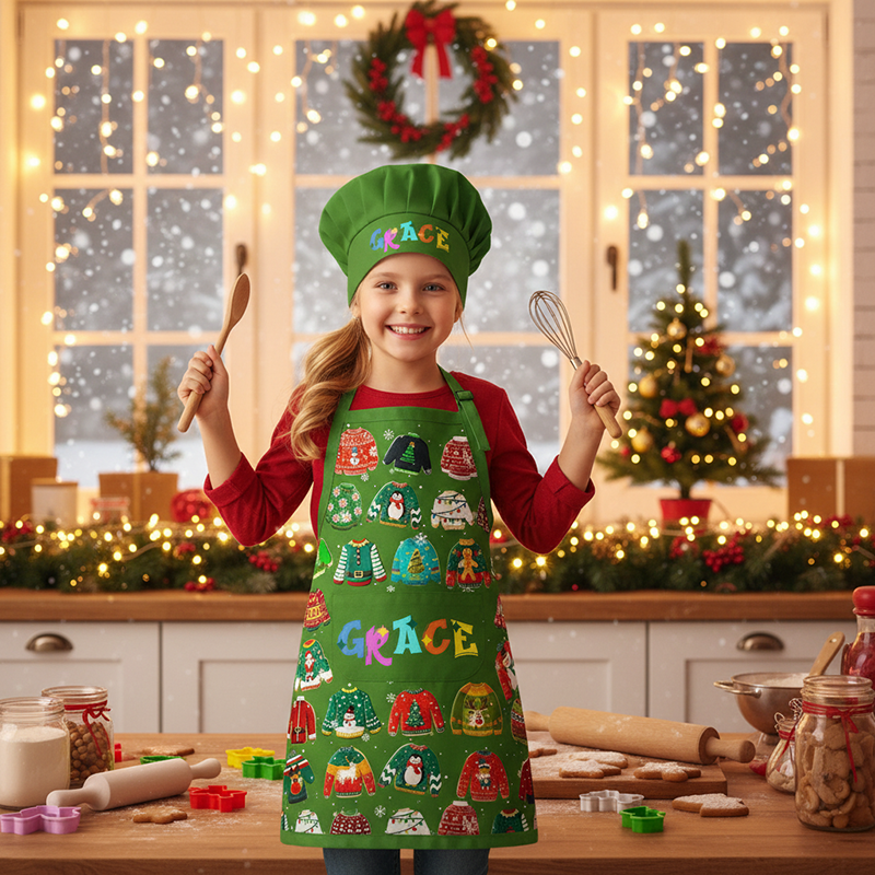 Personalized Ugly Sweater Baking Cookies Adjustable Kid Apron Chef Hat Set with Pocket and Name for Christmas Baking Birthday Holiday Gift for Kids