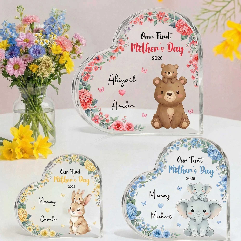 Personalized 1st Mother's Day Cute Parent-Child Animal Heart Acrylic Plaque with Name Home Decor Mother's Day Birthday Gift for New Mom