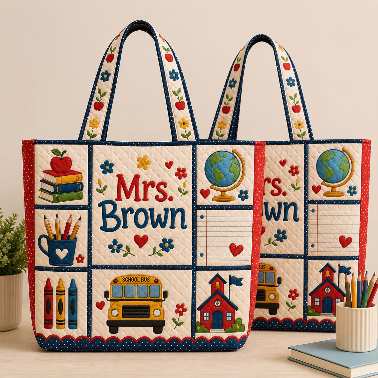 Personalized Teacher Quilted Tote Bag Custom Name School Bus Classroom Bag Teacher Appreciation Gift