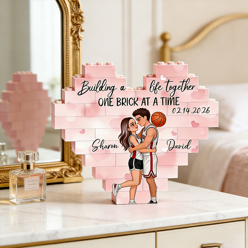 Personalized Basketball Couple Heart Building Block Building a Life Together One Brick at a Time  with Custom Names and Date Valentine's Day Gift