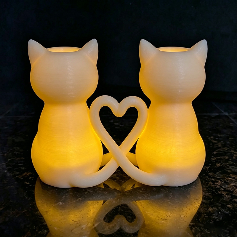 Personalized 3D Printed Heart Tail Couple Cat Tealight Holder Glowing LED Cat Candle Holder Gothic Witchy Halloween Decor Cat Lover Gift Heart Tail Intertwined Kitten Statue Tabletop Ornament