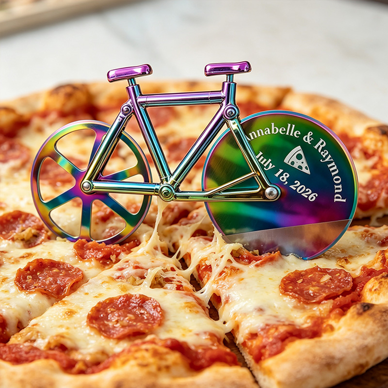 Personalized Bicycle Pizza Cutter Custom Engraved Dual Wheel Rose Gold Holographic Wedding Groomsmen Gift for Him Chef Couple Anniversary Gift