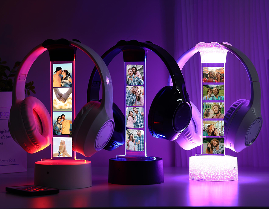 Personalized LED Headphone Stand with Lights,RGB Light Headset Holder,Custom Headphone Display with Photos,Gift for Boyfriend 