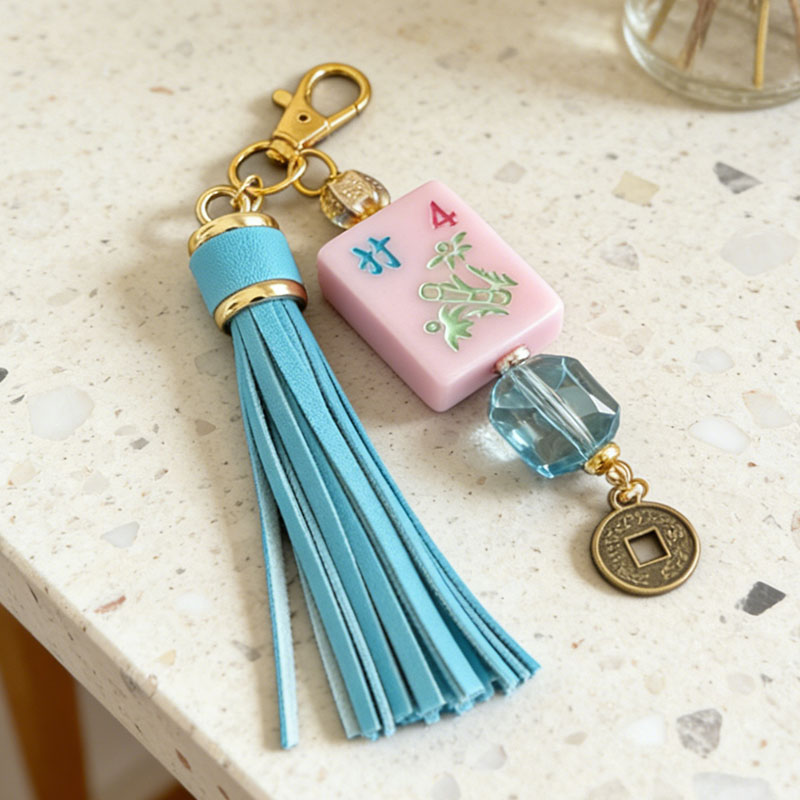 Handmade Mahjong Tile Bag Charm with Tassel Mixed Beads Mahjong Tile Keychain