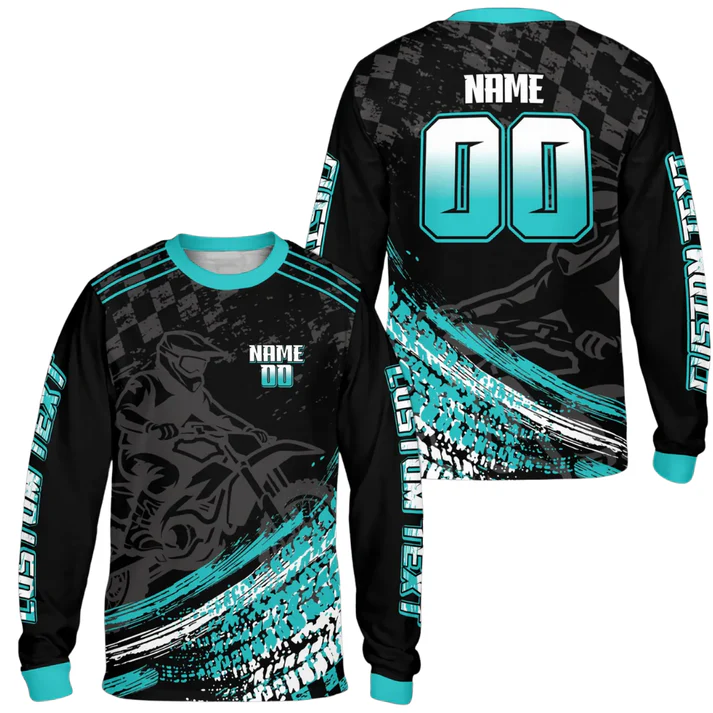 Personalized Green Grunge Checkered Motocross Custom Name Number Long Sleeve Racing Jersey