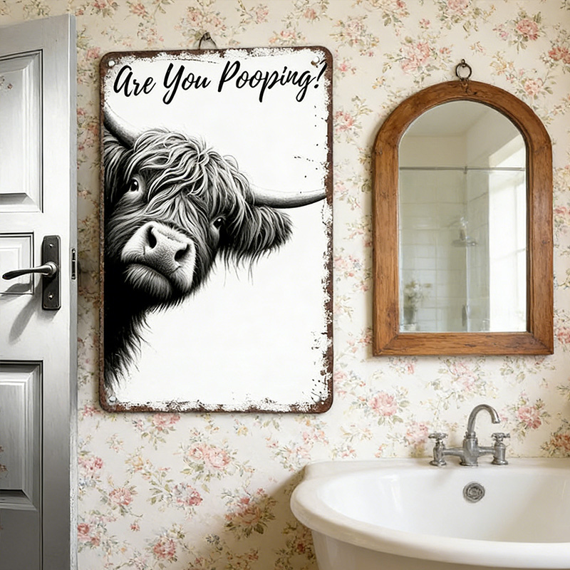 Vintage Highland Cow Metal Sign, Funny Bathroom Wall Art with Quote