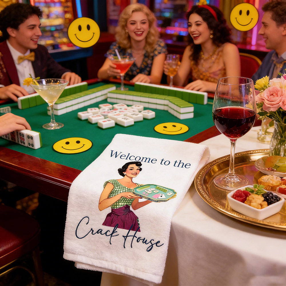 Welcome to the Crack House Mahjong Tea Towel – Fun Retro Kitchen Towel for Game Night and Laughs