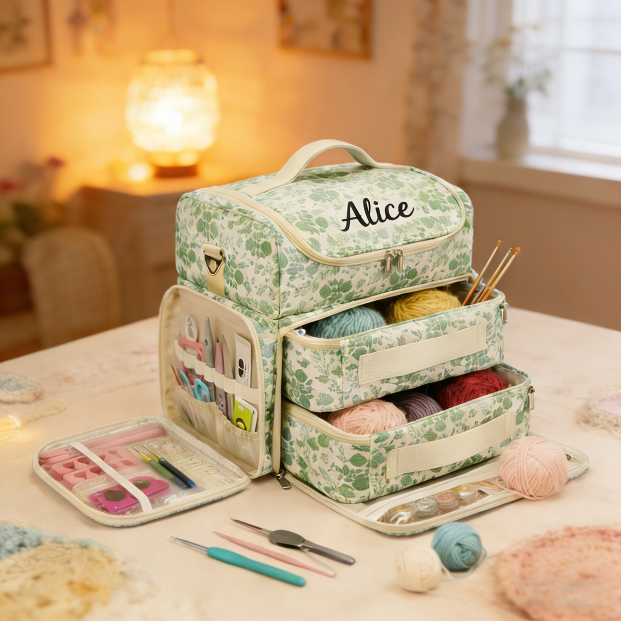 Personalized Large Capacity Floral Crochet & Knitting Bag with Multiple Compartments - Portable Yarn Storage Organizer for Craft Supplies