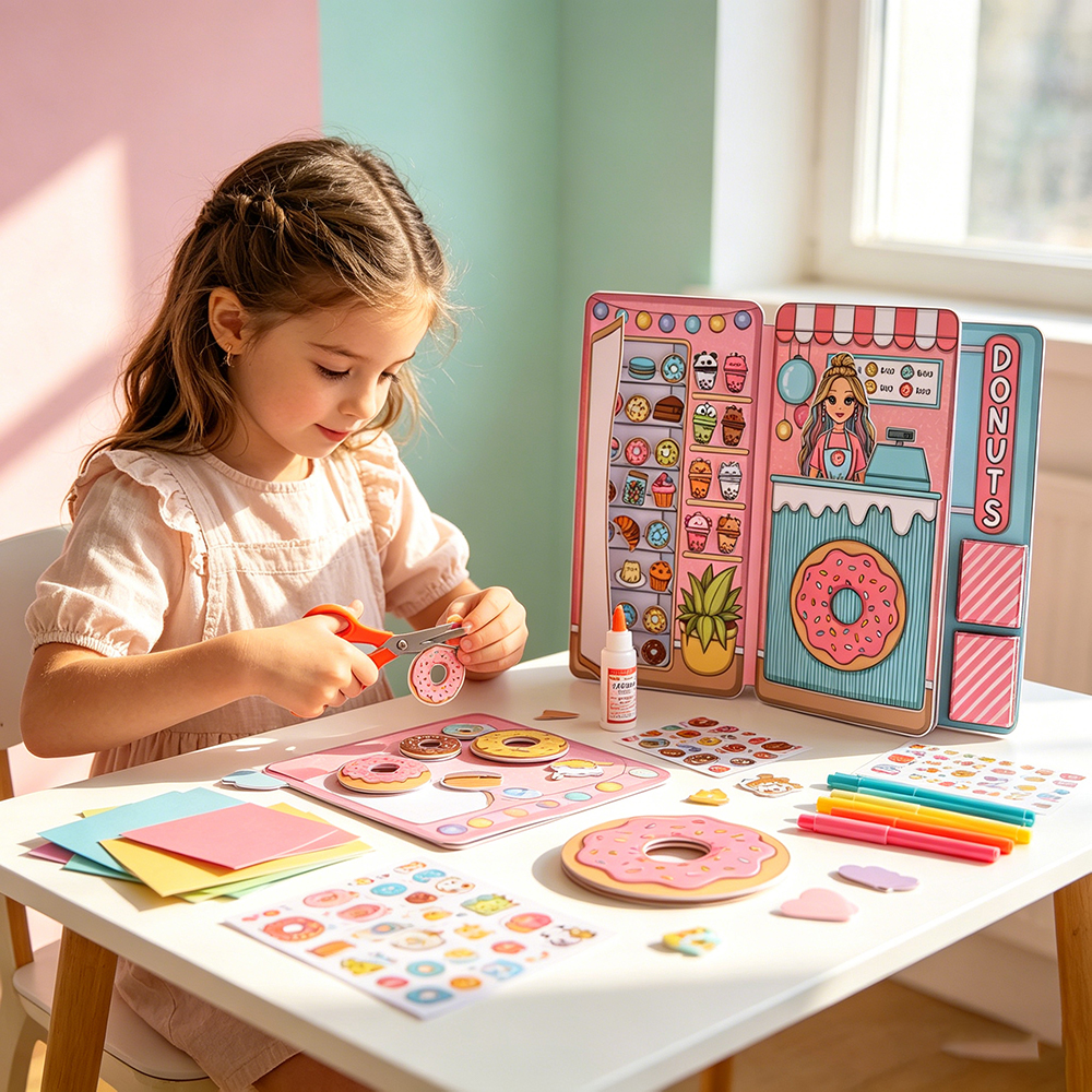  Donut Shop Paper Play Set Pretend Play for Kids Creative Paper Doll Craft Activity Reusable Donut Shop Toy for Imaginative Play and Learning Gift 