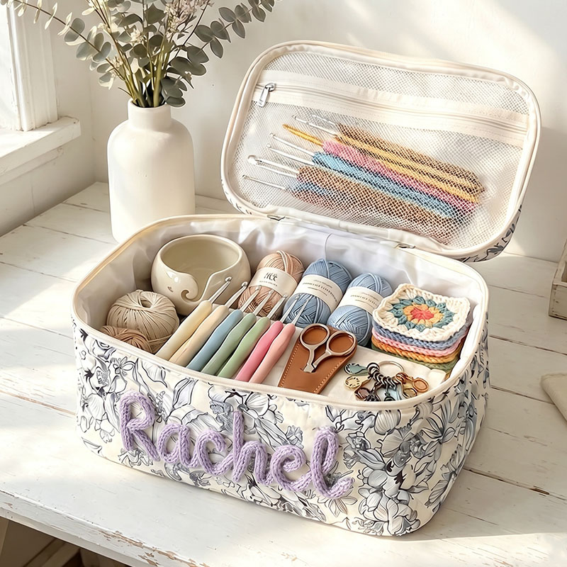 Personalized 3D Chenille Name Cotton Quilted Crochet Tool Storage Bag Large Small  Floral Crochet Tool Storage Bag Set Cute Coquette Pouch for Purse Aesthetic Cloth Flower Storage Bag Organizer