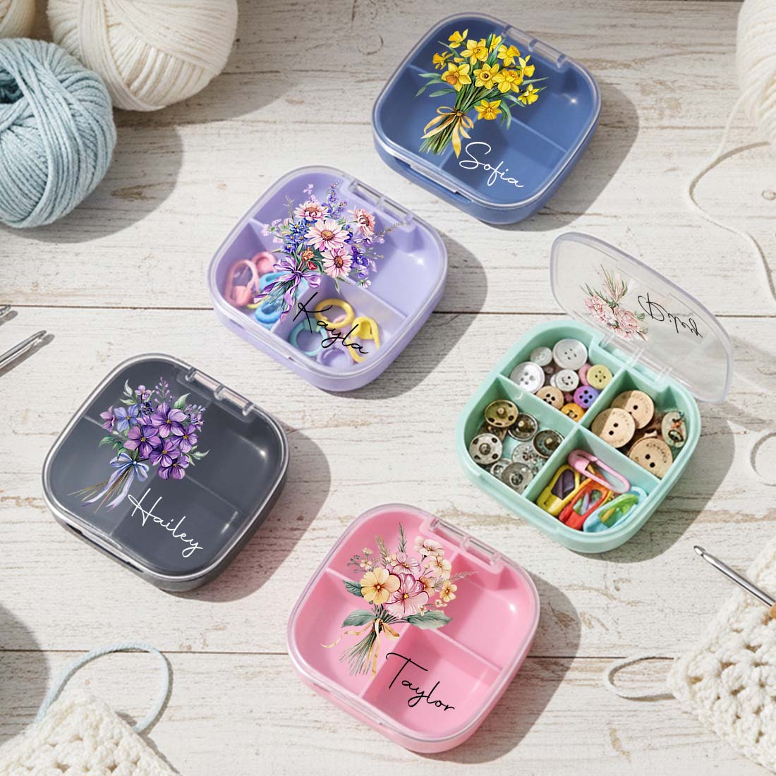 Personalized Knitting Crochet Tool Case Mini Storage Box Custom Name with Birth Flower Crochet Notions Organizer 4 Compartments Multi Section Stitch Markers Point Protectors Tools Travel Compartments Case