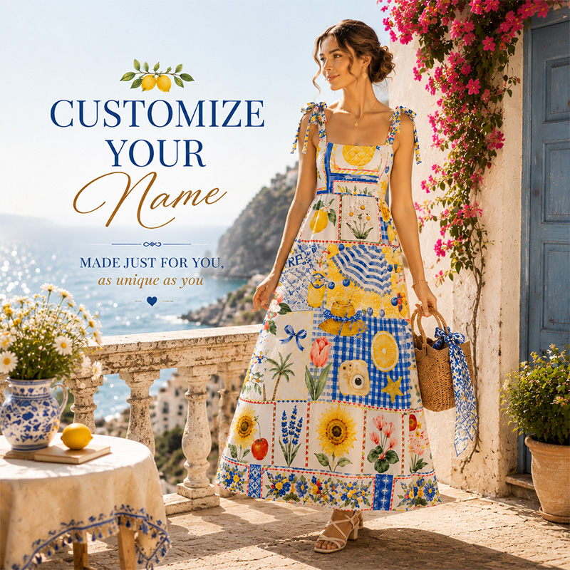 Personalized Mediterranean Lemon Floral Patchwork Bow Tie Strap Square Neck Maxi Dress Blue Gingham Sunflower Fruit Tile Spliced Print Tie Shoulder Long Sundress