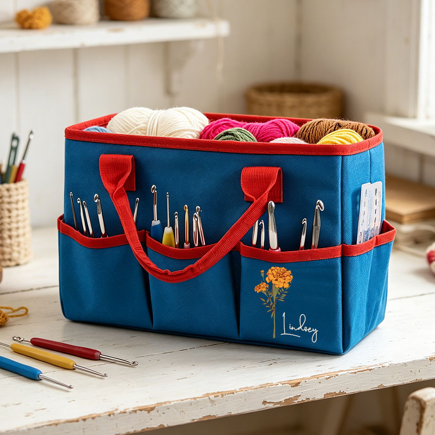 Personalized Crochet Tool Storage Tote Bag Birth Month Flower Tote Bag Custom Name Premium Oxford Cloth Tote Reusable Storage Bags