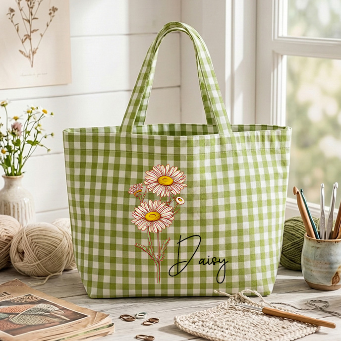 Personalized Crochet Tool Storage Tote Bag Gingham Tote Bag Custom Name with Birth MonthCanvas Tote Reusable Shopping Bag