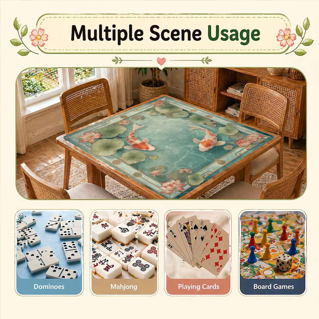 Mahjong Mat Non-slip Tabletop Mat Elegant Asian Water Garden Design Gift for Mahjong & Board Game Lovers Lotus Pond Koi