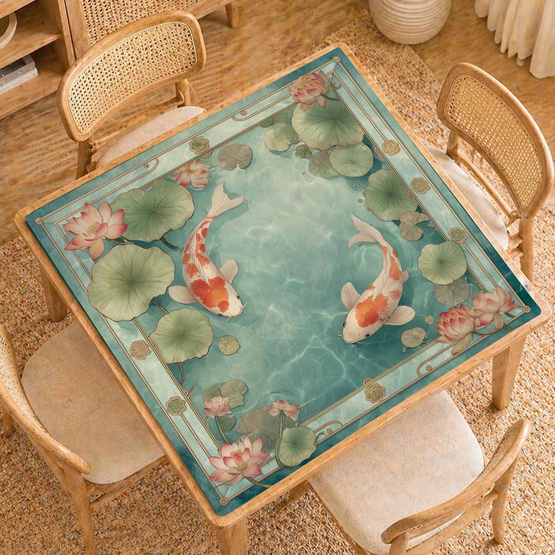 Mahjong Mat Non-slip Tabletop Mat Elegant Asian Water Garden Design Gift for Mahjong & Board Game Lovers Lotus Pond Koi