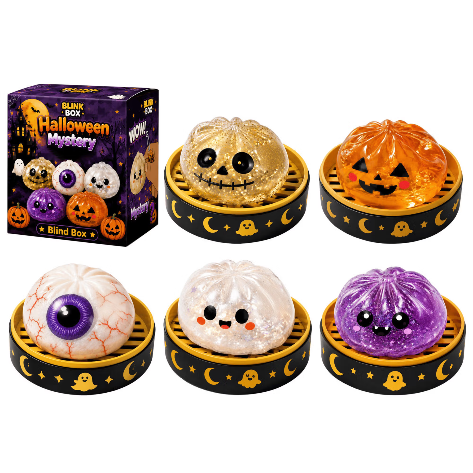 Halloween Mystery Glitter Dumpling Squishy Box Set Ghost Pumpkin Eyeball Design Soft Stress Relief Fidget Toy Party Favor Gift