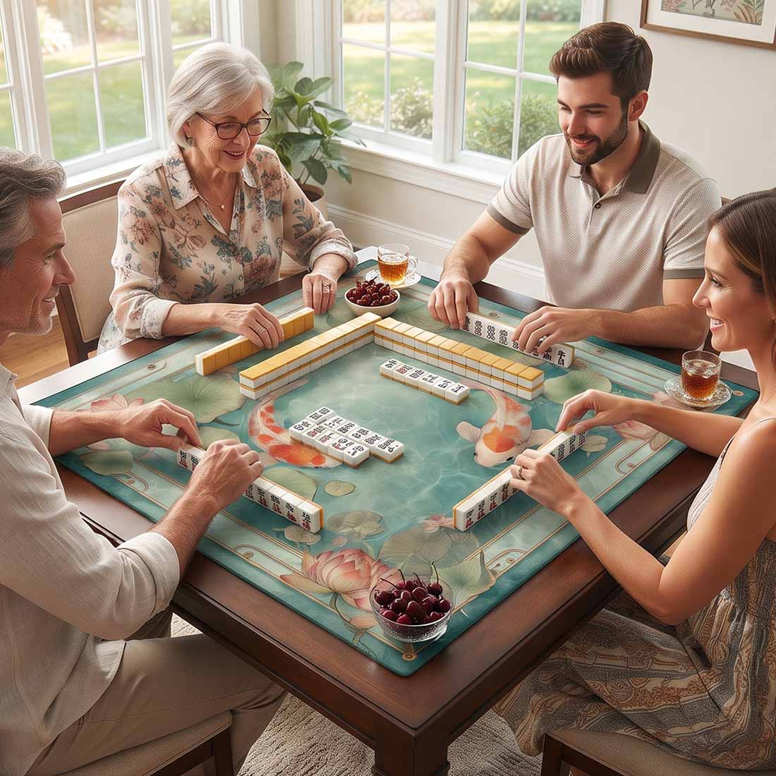 Mahjong Mat Non-slip Tabletop Mat Elegant Asian Water Garden Design Gift for Mahjong & Board Game Lovers Lotus Pond Koi