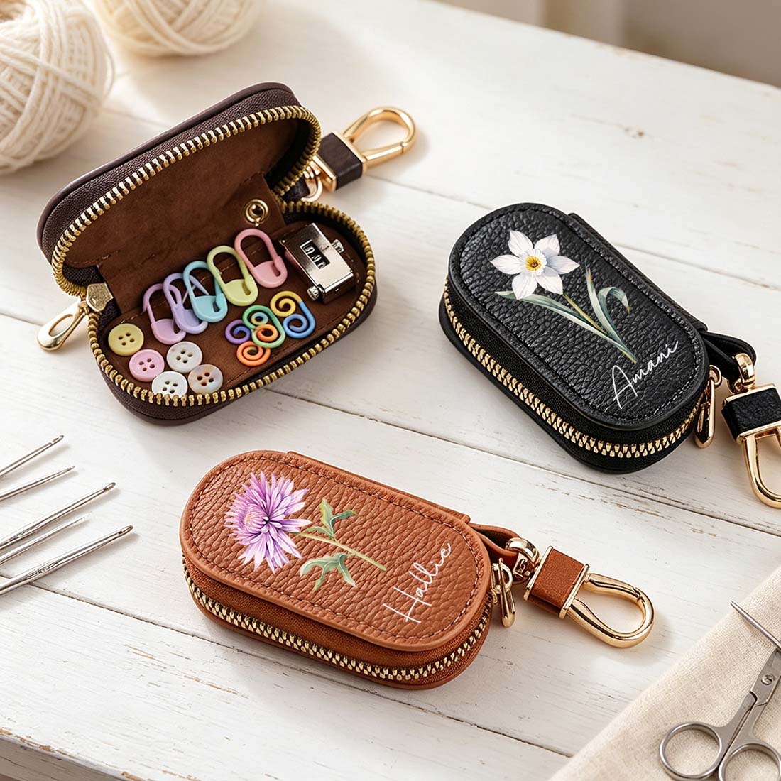 Personalized Knitting Crochet Notions Bag Mini Storage Bag Stitch Markers Point Protectors Tools Custom Name with Birth Flower