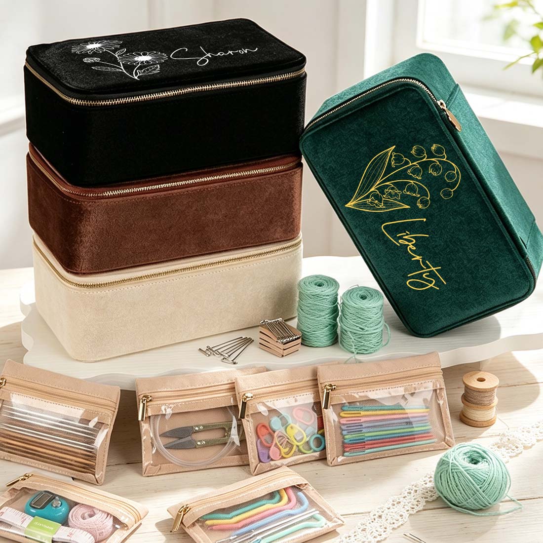 Personalized Plush Velvet Knitting Crochet Notions Case Box Portable Storage Box Section Stitch Markers Custom Name with Birth Flower