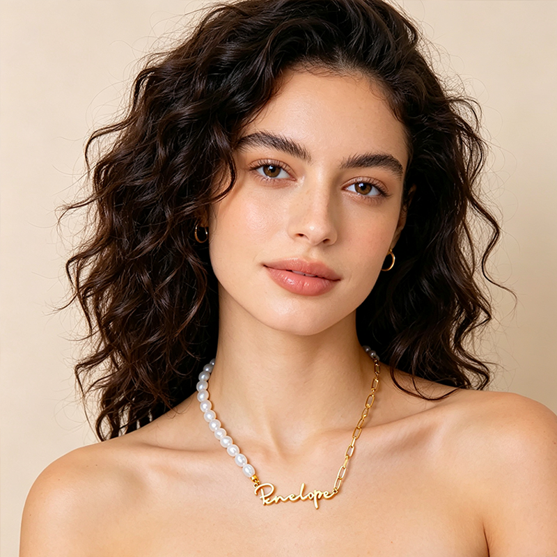 Personalized Pearl Name Necklace for Her Girlfriend Valentine's Day Gift Delicate Pearl & Paperclip Chain Necklace Anniversary Name Jewelry Necklace for Women Birthday Gift for Women