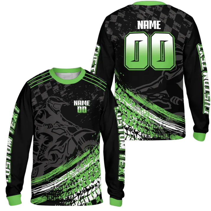 Personalized Green Grunge Checkered Motocross Custom Name Number Long Sleeve Racing Jersey