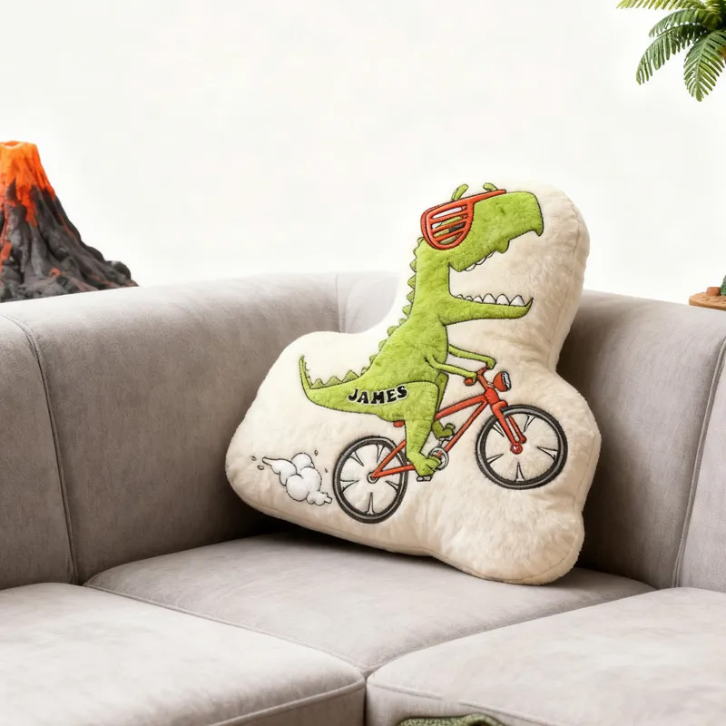 Personalized Dino Rider Bike Pillow Cozy Graphic 3D Print Cool Biker Dino Pillow Name Pillow Comfortable Travel Cushion for Kids Boys Riding Lovers