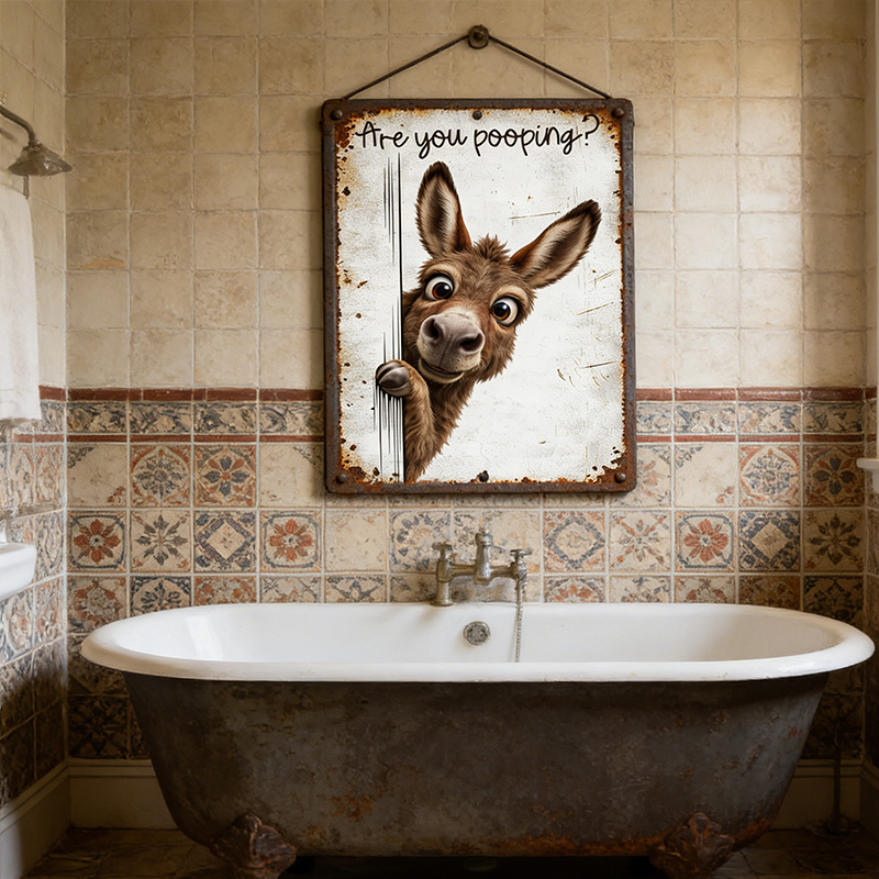 Are You Pooping Donkey Sign, Funny Farm Animal Decor, Peeking Donkey Rustic Metal Sign, Farmhouse Bathroom Humor Wall Art