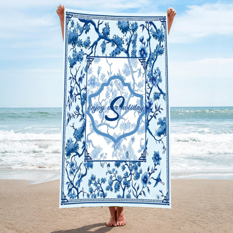 Personalized Monogram Chinoiserie Equestrian Blue and White Porcelain Horse Quick-Dry Microfiber Beach Towel Beach Party Birthday Gift for Equestrian Lovers