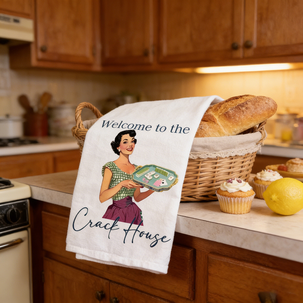 Welcome to the Crack House Mahjong Tea Towel – Fun Retro Kitchen Towel for Game Night and Laughs