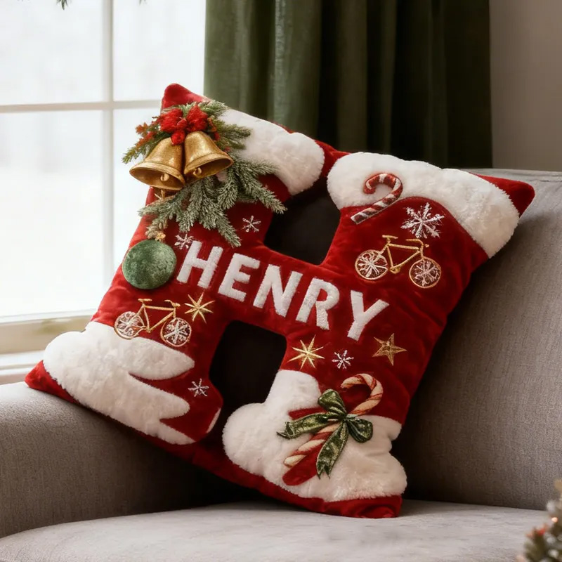 Personalized Red Christmas Letter Pillow Custom Name Festive Decor with Bicycle Snowflake Christmas Gifts for Family Graphic 3D Print Cycling Riding Lovers