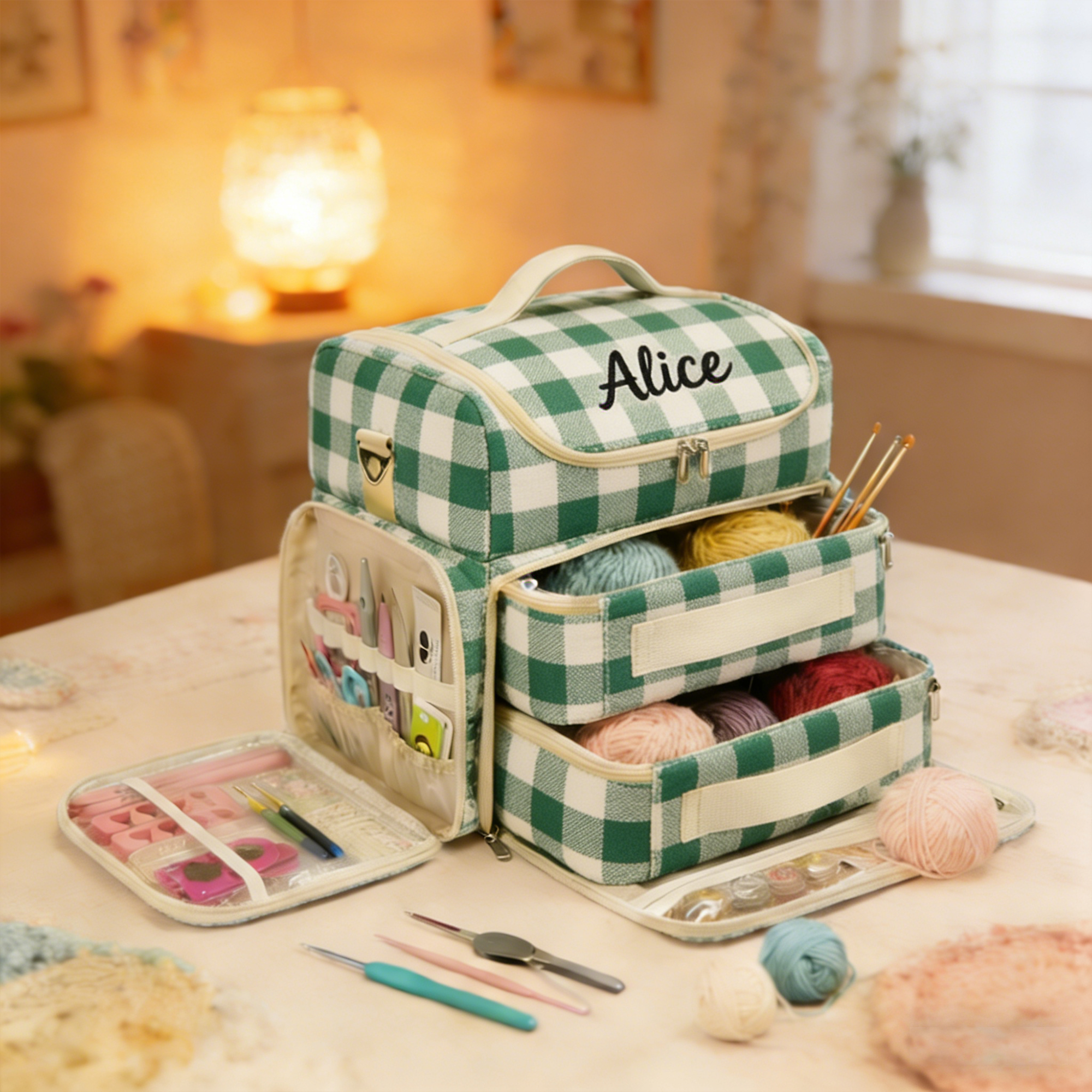 Personalized Large Capacity Floral Crochet & Knitting Bag with Multiple Compartments - Portable Yarn Storage Organizer for Craft Supplies