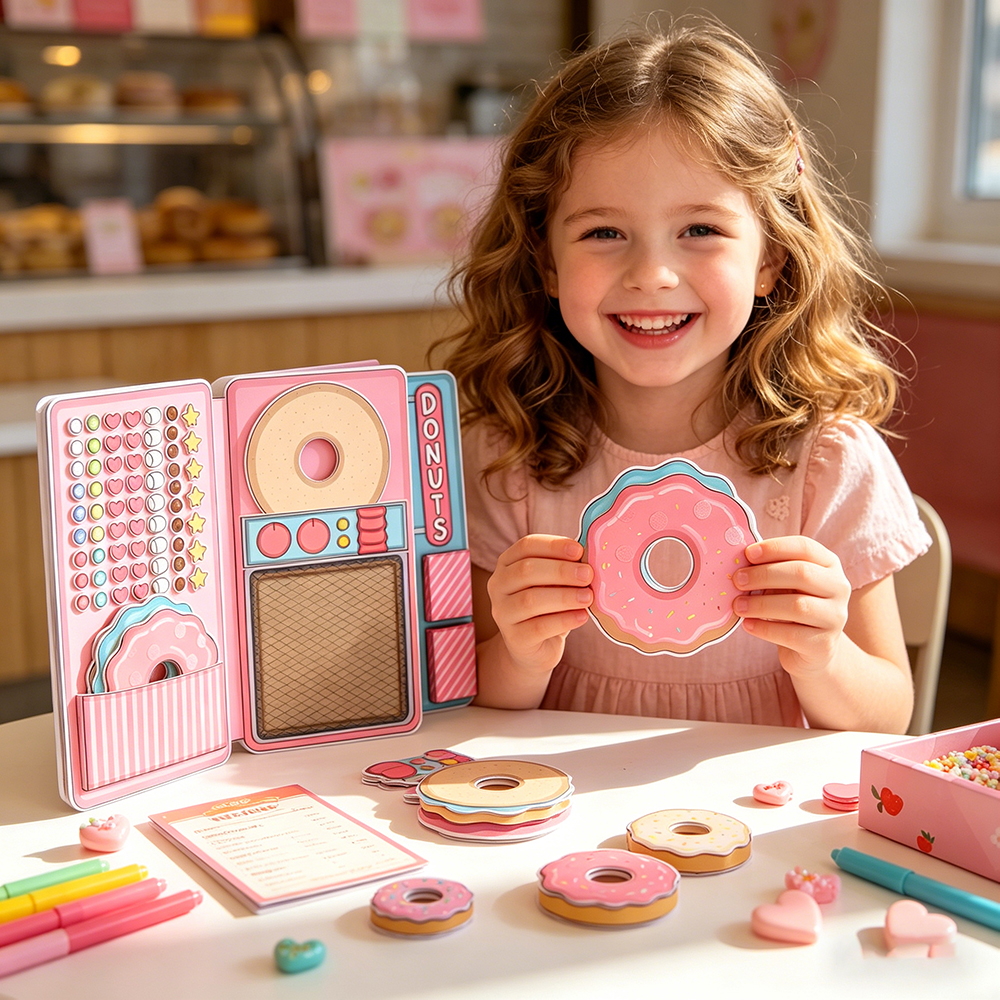  Donut Shop Paper Play Set Pretend Play for Kids Creative Paper Doll Craft Activity Reusable Donut Shop Toy for Imaginative Play and Learning Gift 