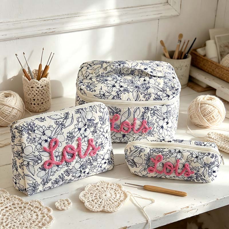 Personalized 3D Chenille Name Cotton Quilted Crochet Tool Storage Bag Large Small  Floral Crochet Tool Storage Bag Set Cute Coquette Pouch for Purse Aesthetic Cloth Flower Storage Bag Organizer