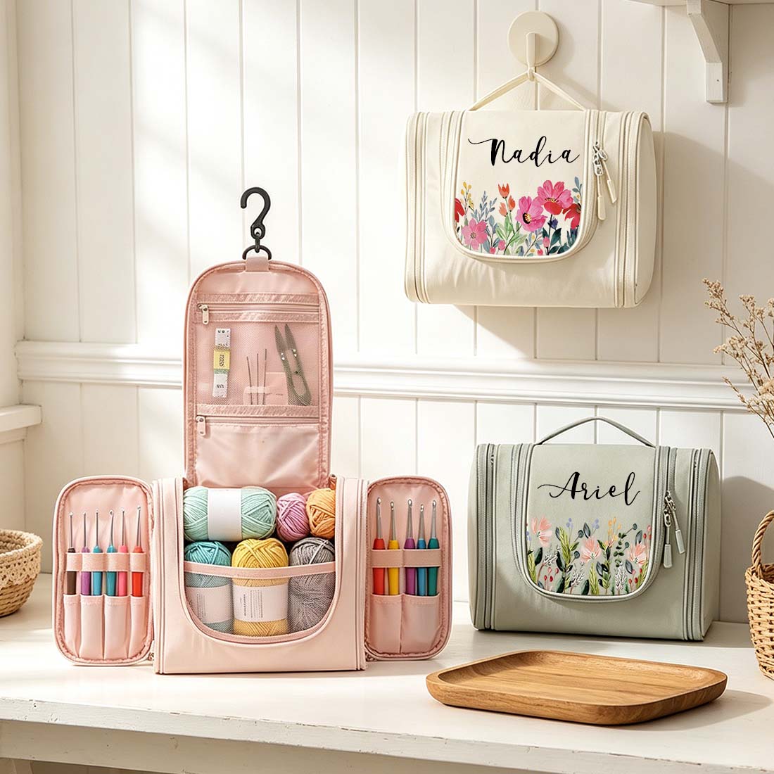 Personalized Crochet Storage Bag Water Resistant Crochet Storage Bag with Hanging Hook Custom Floral Crochet Tool Storage Bag Portable Crochet Tool Storage Bag Large Capacity Multiple Pockets Organizer Bag
