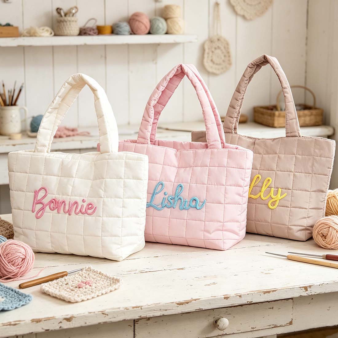 Personalized Crochet Tool Storage Tote Bag, Nylon Quilted Tote Bag, Custom Cotton Rope Embroidery Name Shoulder Tote